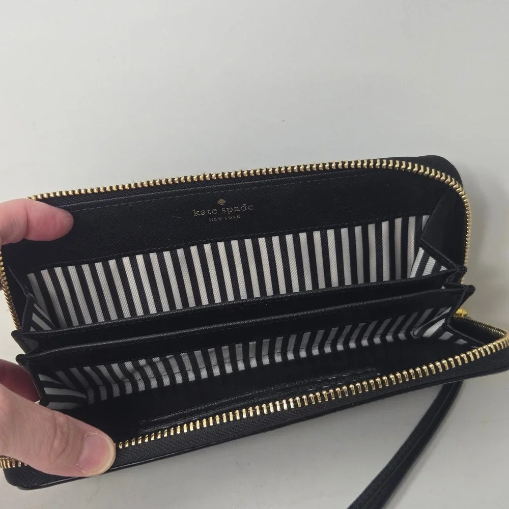 Kate‎ Spade New York Black Saffiano Leather Zip Around Wristlet Wallet Gold Logo